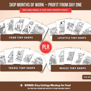 Libro para colorear de 150 páginas sobre tienditas (PLR), plantilla editable de Canva, derechos de reventa (PLR), paquete de páginas para colorear de