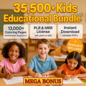 35,500+ Kids Worksheets PLR MRR Resell Rights Coloring Pages Educational Printables Bundle