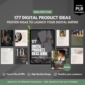 Digital Product Ideas Guide PLR Canva | 177 Ideas to Sell Online for Passive Income, Side Hustles & Small Business