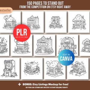 Libro para colorear de 150 páginas sobre tienditas (PLR), plantilla editable de Canva, derechos de reventa (PLR), paquete de páginas para colorear de