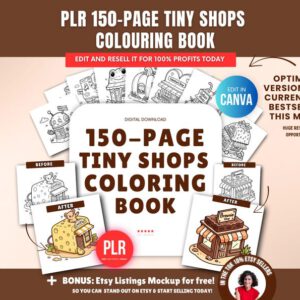 Libro para colorear de 150 páginas sobre tienditas (PLR), plantilla editable de Canva, derechos de reventa (PLR), paquete de páginas para colorear de