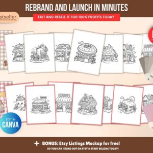 Libro para colorear de 150 páginas sobre tienditas (PLR), plantilla editable de Canva, derechos de reventa (PLR), paquete de páginas para colorear de