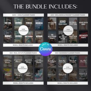 7500 Digital Planner Pages Bundle PLR MRR Editable Canva Templates w/ Resell Rights Business Sport Fitness Wellness Mindset Plr Planners