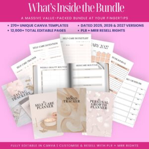 12000 Done For You Canva Editable Templates Bundle, 270+ Printable Planners, Journals, Trackers for 2025, 2026 and 2027 Resell with MRR PLR